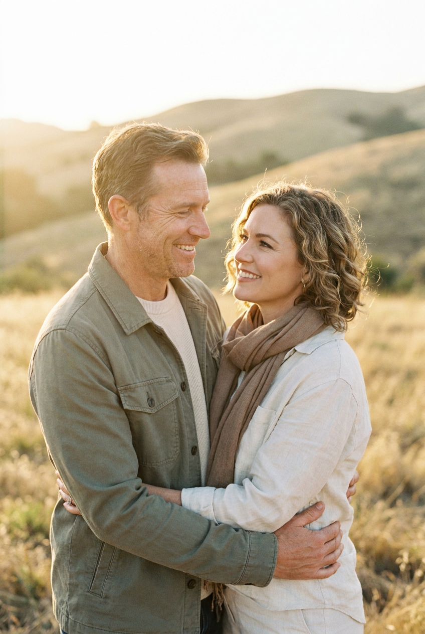 Healthy couple in their 40s embracing outdoors in warm golden-hour light